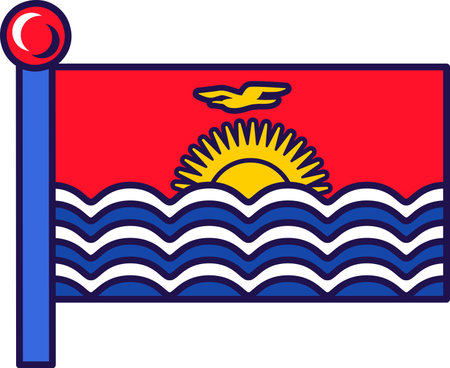 Kiribati republic nation flag on flagstaff vector. Flying yellow frigate bird, rising sun and wavy stripes sea on official and patriotic symbol of freedom. flat cartoon illustrationのイラスト素材