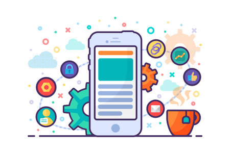 Smart phone with built in security, social networking, email and business application services. Smart electronic device all in one. Cartoon outline vector concept isolated on white backgroundのイラスト素材