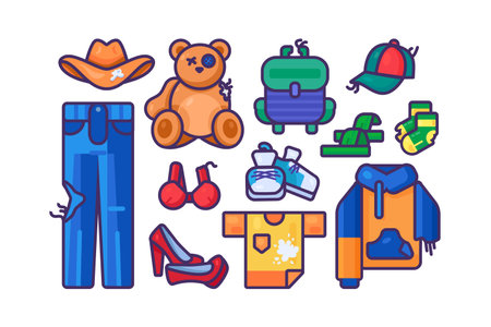 Set of worn holesy unwanted textile Objects. Items out of use and subject to disposal. Recycling of textile industrial products. Simple cartoon outline vector isolated on white backgroundのイラスト素材