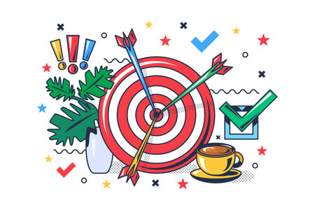 Arrows stick out from center of sports target. Defining goals and objectives, achieving successful results in startup. Cartoon outline vector concept isolated on white backgroundのイラスト素材