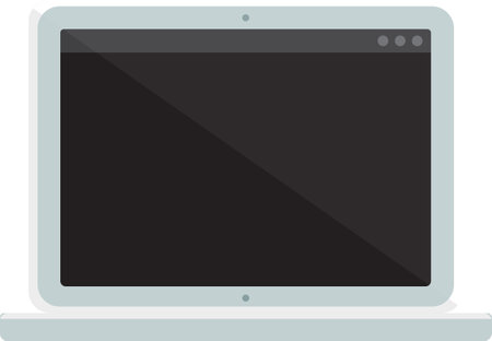 Portable laptop with display lcd off. Device for presentation template. Notebook monitor with blank screen. Modern digital gadget with gray frame. Simple flat vector icon isolated on white backgroundのイラスト素材