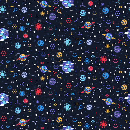 Bright dark open space seamless pattern with planet, asteroid and constellation, comet and moon, satellite, star. Ornament for printing on fabric, cover and packaging. Cartoon vector backgroundのイラスト素材