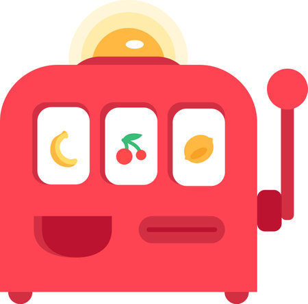 One armed bandit, slot machine with spinning fruits on screen. Gambling red prize fortune device. Casino and gambling device. Simple flat vector icon isolated on white backgroundのイラスト素材