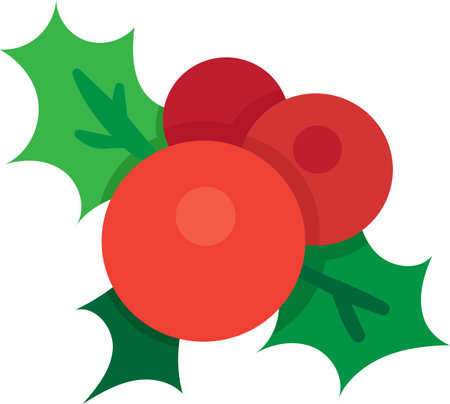 Christmas holly berry with leaves. Traditional fruit holiday dessert decoration. Festive drawing element to decorate template, postcard or poster. Flat vector symbol isolated on white backgroundのイラスト素材