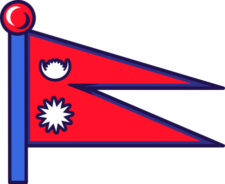 Nepal country national flag on flagpole vector. Two juxtaposed triangular figures with white emblem of crescent moon and sun on red background with blue border flat cartoon illustrationのイラスト素材