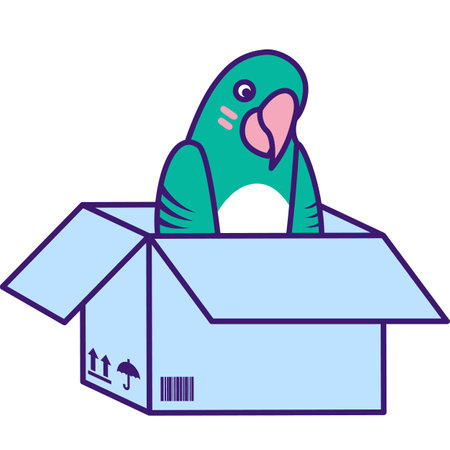 Cute small adopt tropical parrot sits in cardboard box and waits for owner help. Homeless parrot....