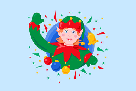 Christmas fairy elf in green elegant clothes joyfully waves his hand. Xmas character in cartoon...