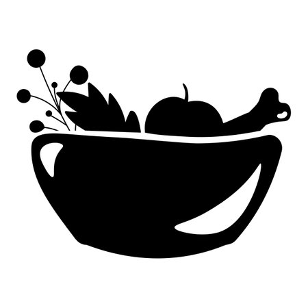 Silhouette of bowl of holiday food, element of Thanksgiving day festive table decoration. Bowl of food contour holiday symbol. Simple black shape vector icon isolated on white backgroundのイラスト素材