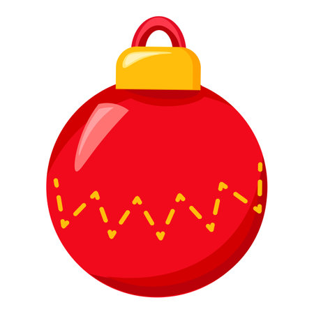 Christmas red crystal ball toy. Xmas tree decoration in cartoon style. Festive New Year vector icon isolated on white background for decoration of holiday designのイラスト素材