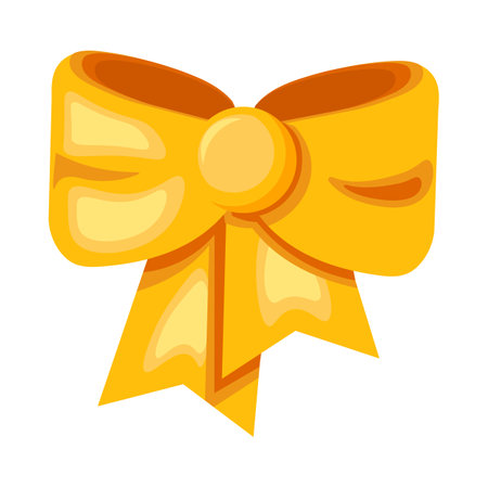Christmas yellow silk bow toy. Xmas tree decoration in cartoon style. Festive New Year vector icon isolated on white background for decoration of holiday designのイラスト素材