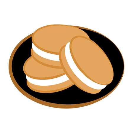 Luxury symbol of soft gingerbread on plate with creamy filling. Christmas symbol in boho style. Festive New Year vector icon isolated on white background for decoration of holiday designのイラスト素材