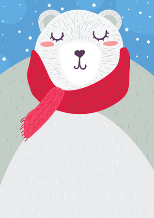 Cute dreaming polar bear with closed eyes, wearing warm knitted red scarf. Doodle style art. Vertical illustration for children's book. Felt tip pen drawn cartoon vectorのイラスト素材