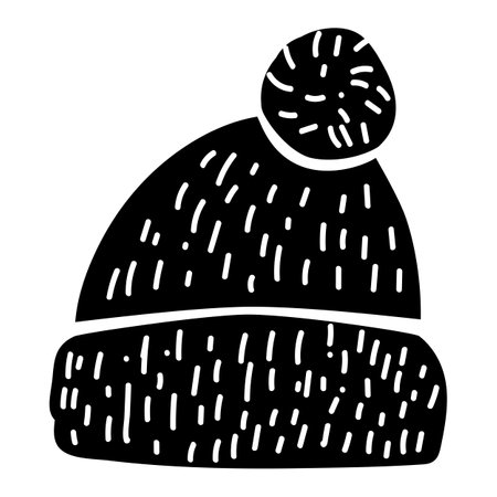 Doodle silhouette of bubo knitted headwear, element of winter festival cloth. Headgear accessory, holiday children outerwear. Simple black shape freehand vector icon isolated on white backgroundのイラスト素材