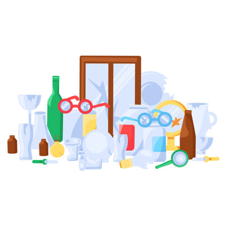 Shattered unwanted cracked objects piled up in big pile. Heap of old broken glass industry. Glass waste pollution problem. Simple cartoon vector concept isolated on white backgroundのイラスト素材