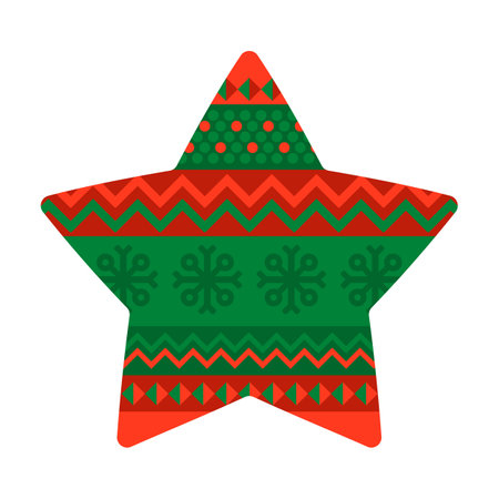 Christmas star with Norwegian national holiday pattern in red and green colors. Christmas star in handmade knitted ornate style. Simple flat vector isolated on white backgroundのイラスト素材