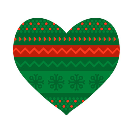 Heart shape with Norwegian national holiday pattern in red and green colors. Heart shape in handmade knitted ornate style. Simple flat vector isolated on white backgroundのイラスト素材