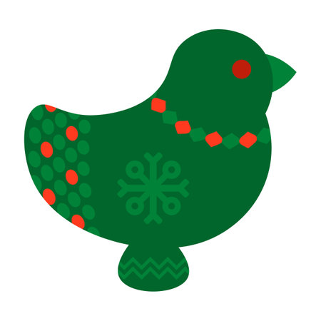 Traditional wooden ceramic bird toy with Norwegian national holiday pattern in red and green colors. Ceramic bird toy in handmade knitted ornate style. Simple flat vector isolated on white backgroundのイラスト素材