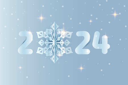 New year date 2024 decorated with origami snowflake cut out of paper as decoration on blue frosty ice background. Cold New Year illustration with falling snow and sparkling stars. Vectorのイラスト素材