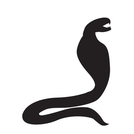 Black silhouette Cobra with open hood animal body, fairy tale Halloween character. Creepy shadow outline of nocturnal Cobra scarecrow. Simple black and white Vector isolated on white backgroundのイラスト素材