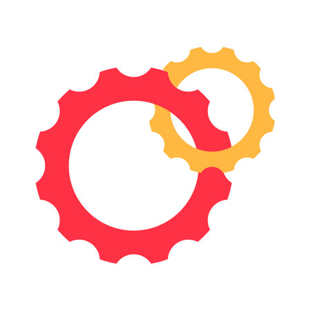Gear cooperation and connection. Unity and team collaborative, abstract techno element for modern and retro technological design. Simple color vector pictogram isolated on white backgroundのイラスト素材