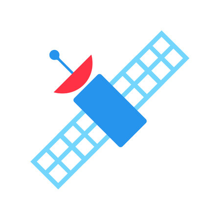 Satellite networks and navigation. Technologies and radar systems, abstract techno element for modern and retro technological design. Simple color vector pictogram isolated on white backgroundのイラスト素材