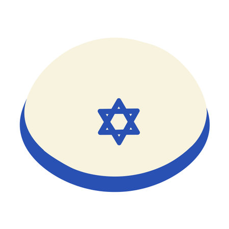 Jewish kipa cap headdress. Festive solid milk element, attribute of Jewish holiday. Cartoon flat vector icon in national colors of Israel flag isolated on white backgroundのイラスト素材