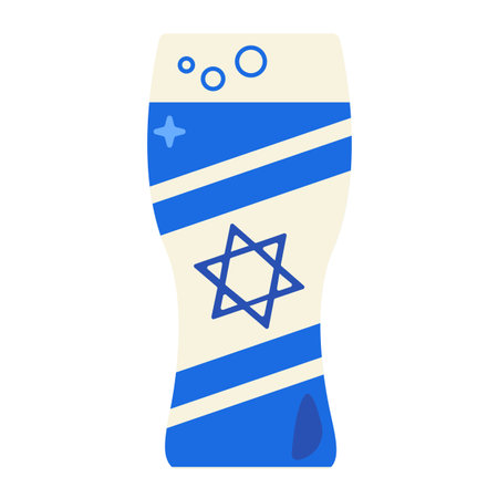 Tall glass filled with light beer, carbonated drink. Festive solid milk element, attribute of Jewish holiday. Cartoon flat vector icon in national colors of Israel flag isolated on white backgroundのイラスト素材