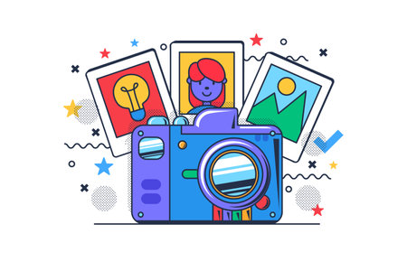Modern camera and bright photographs on photographic paper. Photo studio concept. Horizontal banner, creating professional family album. Cartoon outline vector isolated on white backgroundのイラスト素材