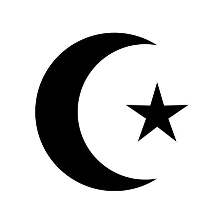 Crescent star mystical religious symbol. Spiritual Muslim sign of traditional culture of worship and veneration. Simple black and white vector isolated on white backgroundのイラスト素材