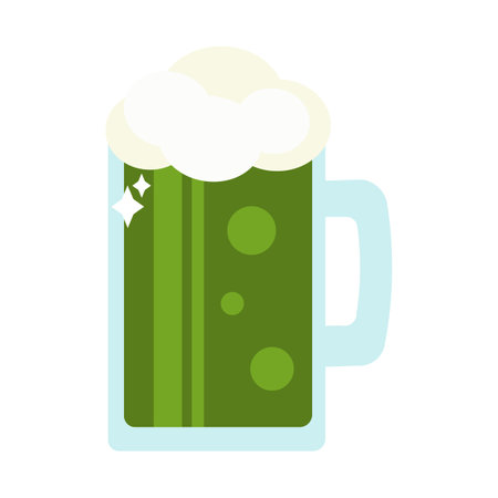 Glass goblet with handle filled with green Irish Ale. Foamy alcoholic drink, Happy Patrick party element. Simple cartoon vector isolated on white backgroundのイラスト素材