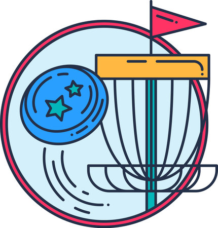 Sport badge. Disc golf sport game flies directly into basket marked with red flag. Sport and active lifestyle. Simple colored stroked vector icon isolated on white backgroundのイラスト素材