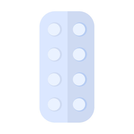Blister with round small tablets icon. Painkiller release form, medical stroked cartoon element for modern and retro design. Simple color vector pictogram isolated on white backgroundのイラスト素材