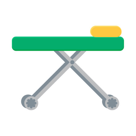 Wheelchair for horizontal transport icon. Bed on wheels, medical stroked cartoon element for modern and retro design. Simple color vector pictogram isolated on white backgroundのイラスト素材