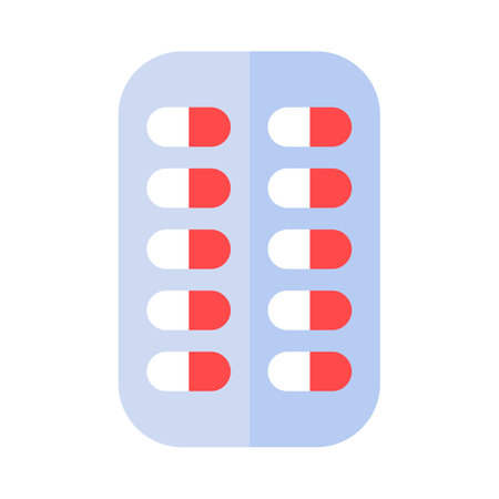Blister pack with pills icon. Rectangular plate with medicine capsules, medical stroked cartoon element for modern and retro design. Simple color vector pictogram isolated on white backgroundのイラスト素材