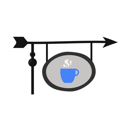 Flat cartoon street sign of a coffee shop or cafe with the symbol of a hot cup of tea or coffeeのイラスト素材