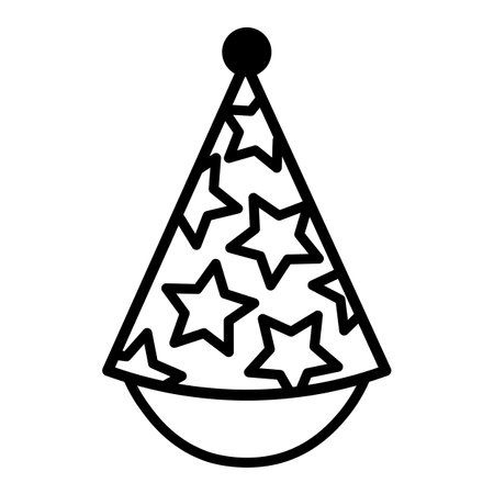 Headdress cone cap decorated with star pattern, birthday party symbol. Outline of festive cone cap for design of children's entertainment center. Simple linear icon isolated on white backgroundのイラスト素材
