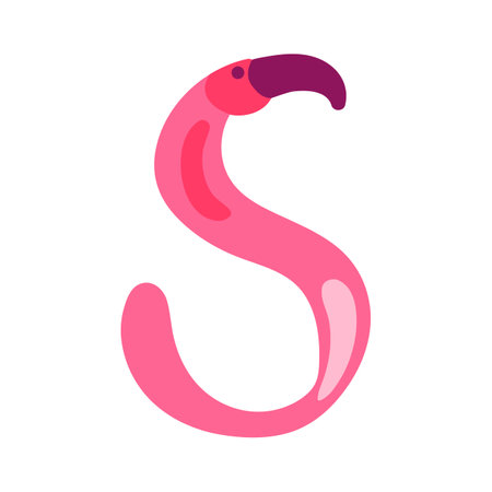 English letter S in the shape of flamingo drawn by child. Bright childish careless S drawing for design of festive spring banner. Flat hand drawn vector element isolated on white backgroundのイラスト素材