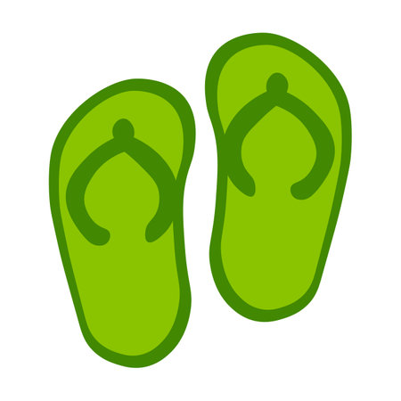 Beach flip flops top view drawn by child. Bright childish careless rubber shoes drawing for design of festive spring banner. Flat hand drawn vector element isolated on white backgroundのイラスト素材