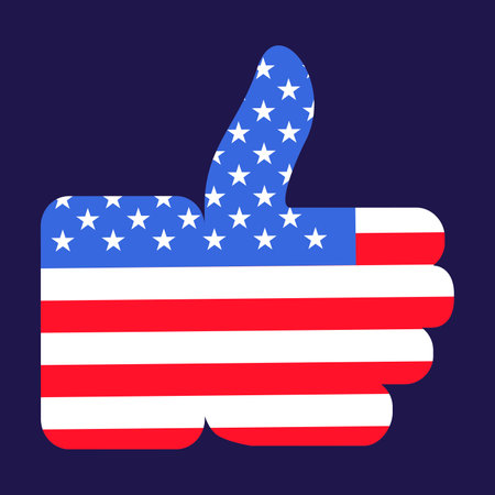 Like hand gesture of approval and great holiday mood. Festive element, attributes of July 4th USA Independence Day. Flat vector icon in national colors of american flag on dark blue backgroundのイラスト素材