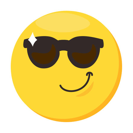 Confident, happy emoji facial expression. Colorful vector smiling emoticon in glasses icon. Funny sticker, social media mood character, emotion and feeling chat elementのイラスト素材