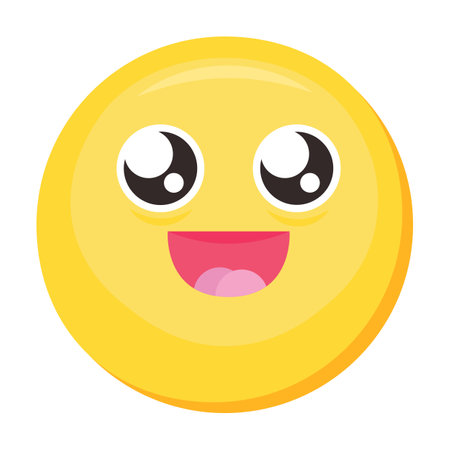 Cute emoji facial expression. Colorful vector excited smile emoticon icon. Laughing smiley. Funny sticker, social media happy mood character, emotion and feeling chat elementのイラスト素材