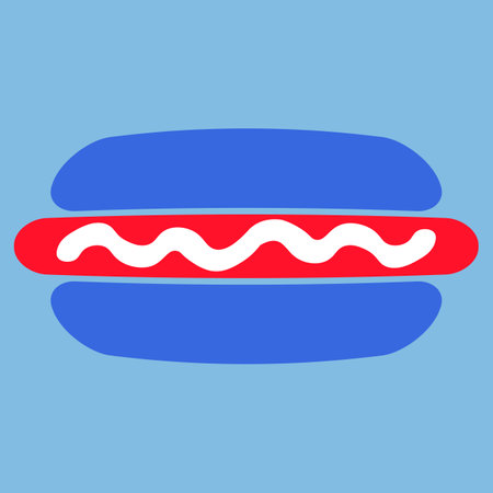 Vector illustration of a hot dog from the collection of American flag-themed icons. A celebration of American culture and identity. Independence Day celebrations, a decorative element in an American-themed event. Patriotism and unity. The image is isolated on the blue background. The icon is perfect for web design, decorative elements, print, stickers, or social media.のイラスト素材