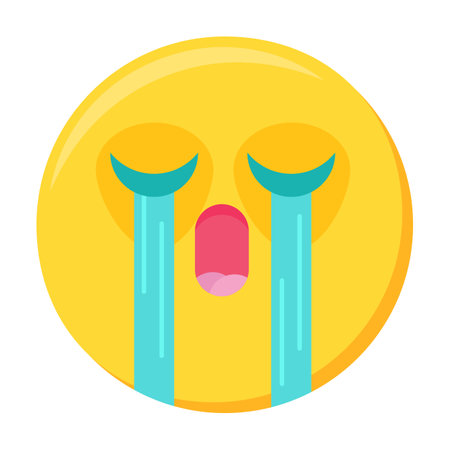 Sad, sobbing emoji facial expression. Tearful, crying, depressed emoticon icon. Colorful vector smiley. Cute sticker, social media gloomy mood character, emotion and feeling chat elementのイラスト素材
