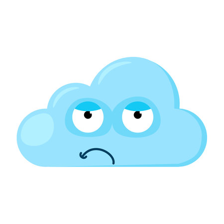 Blue dissatisfied Emoji Cloud with a doubtful smirk face. Design element for children weather forecast. Funny kids icon. Simple cartoon vector element isolated on white backgroundのイラスト素材