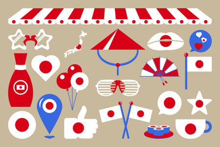 Set of festive elements, attributes of Japanese flag Independence Day. Balloons, Drink Glass, sake, Japan flag, casa headdress, grid sunglasses. Cartoon vector icons in colors of Japanese flagのイラスト素材