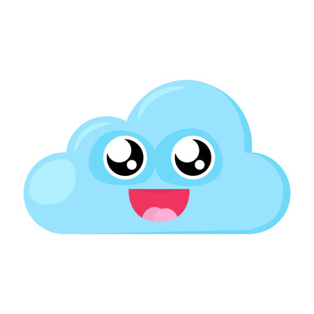 Blue happy Emoji Cloud with glowing eyes and open mouth in surprise. Design element for children weather forecast. Funny kids icon. Simple cartoon vector element isolated on white backgroundのイラスト素材