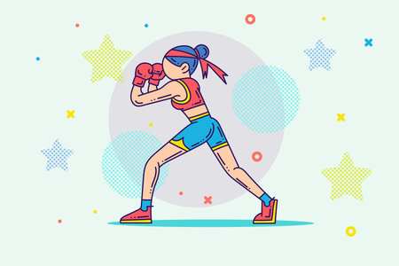 Cartoon outline boxing woman character. Sports and wellness illustrationのイラスト素材