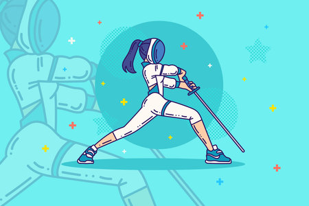 Cartoon outline fencing woman character. Sports and wellness illustrationのイラスト素材