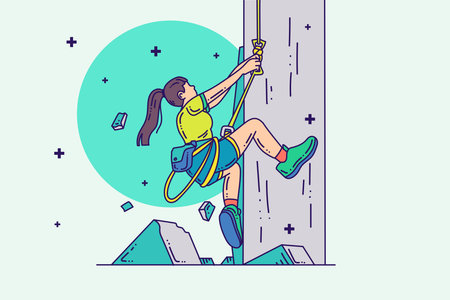 Cartoon outline rock climbing woman character. Sports and wellness illustrationのイラスト素材