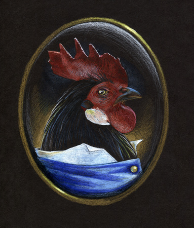 Decorative portrait of fancy rooster. Color pencil drawing on black paperの写真素材